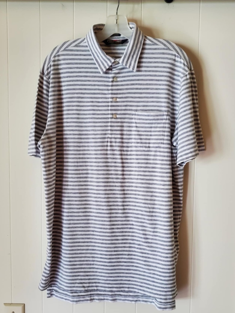 Polo Golf Shirt Mens Medium Gray White Stripe Ralph Lauren